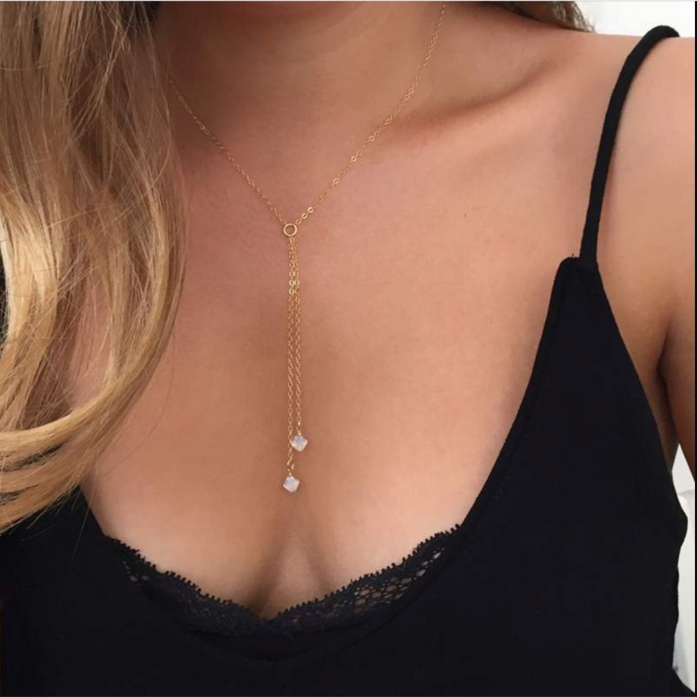 Dainty Gold Circle Chain Tassels Lariat Necklace - Picture 1 of 4